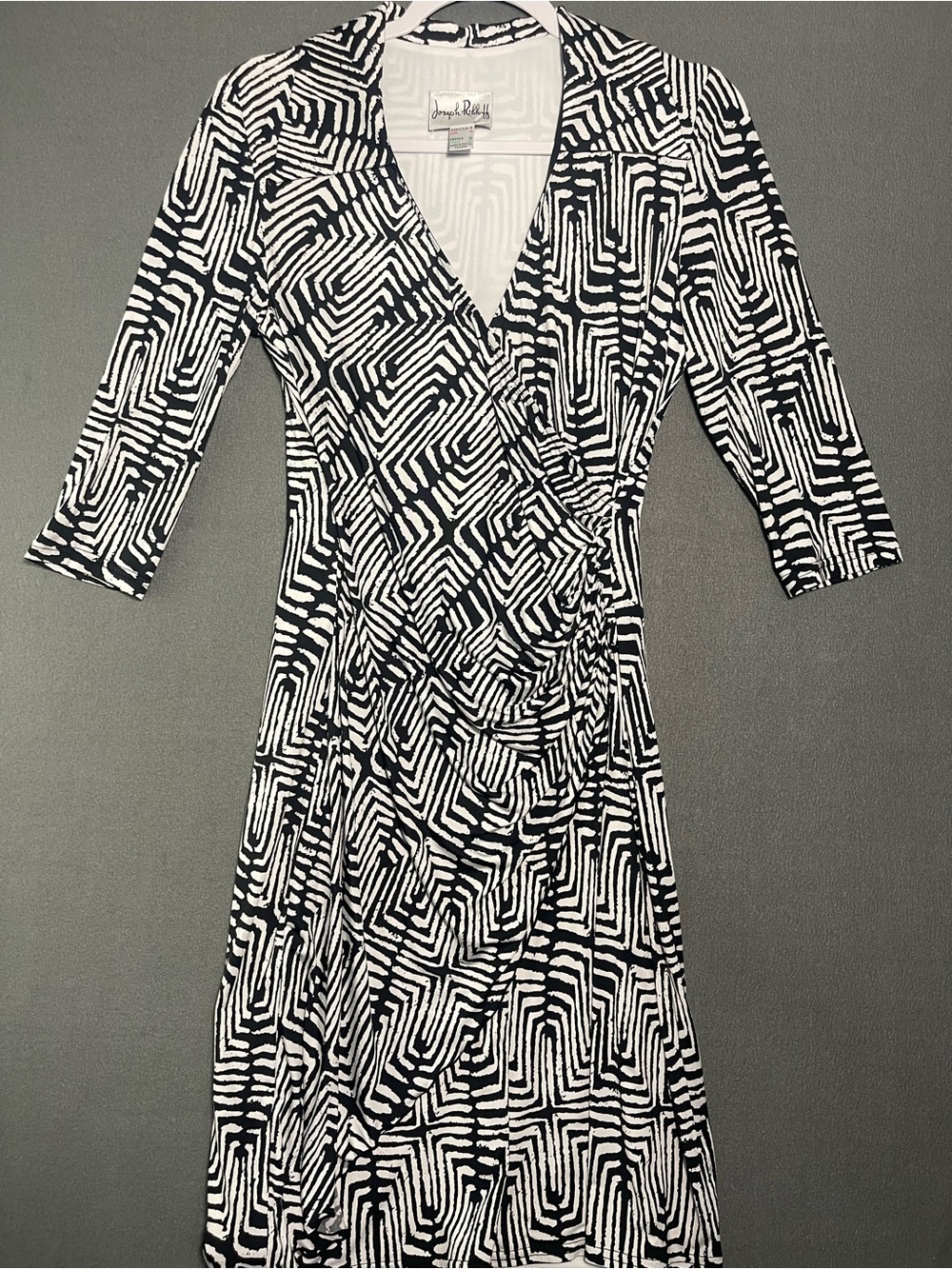 Joseph Ribkoff Abstract Print Faux Wrap Ruched Dress Black White Size 8